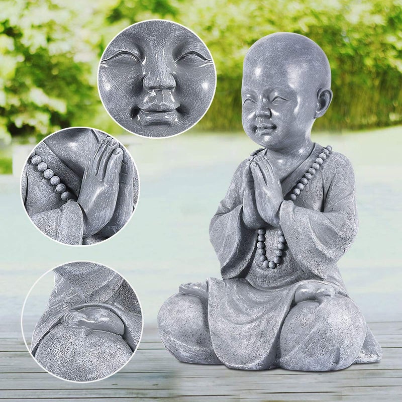 Goodeco Meditating Baby Buddha Statue Figurine - Zen Garden Monk Sculpture,Indoor/Outdoor Decor for Home,Garden Patio Deck Yard Art Decoration- with Natural Wood Beaded Necklace 11.2" (Gray) - Image 4